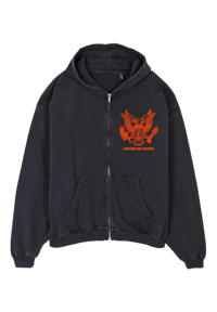a black hoodie with an orange eagle on it
