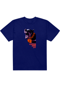 a blue t - shirt with an image of a tiger with his mouth open