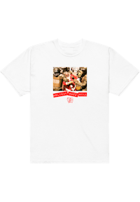 a white t - shirt with an image of a man in a red shirt