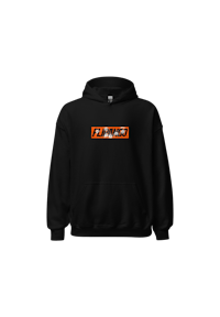 a black hoodie with an orange logo on it