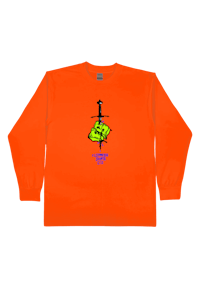 an orange long - sleeve shirt with an image of a man holding a knife