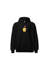 a black hoodie with an orange and yellow hoodie