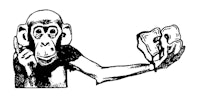 a black and white drawing of a monkey holding a piece of paper