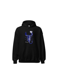 a black hoodie with an image of a scorpion on it