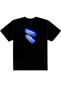 a black t - shirt with a pair of blue shoes on it